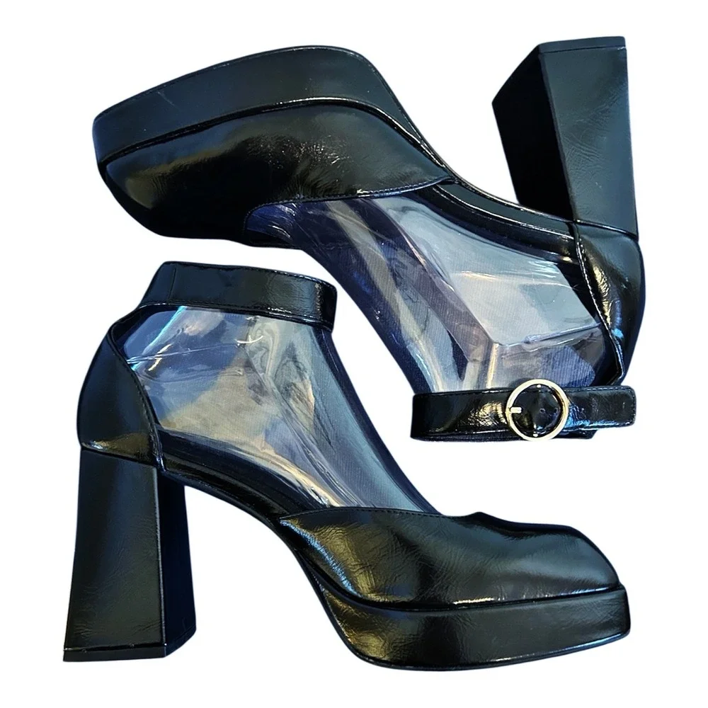 Chinese Laundry Platform Pumps Shoes 8.5 Black Square Toe Block Heel 90s Y2K NEW